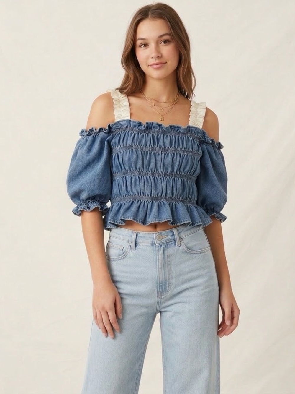 Elegant Denim Blue Smocked Blouse with Cream Ruffle Straps